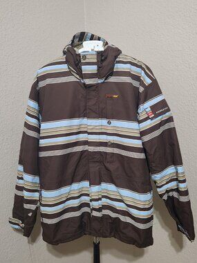 Foursquare Outerwear 8K Insulated Snowboard Jacket Mens M Brown Blue Striped